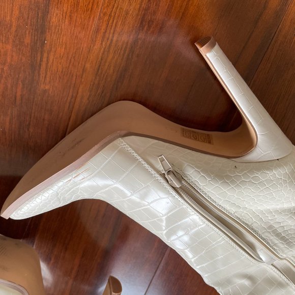 Cream Mock Croc Square Toe Heeled Over The Knee Boots - Picture 7 of 10